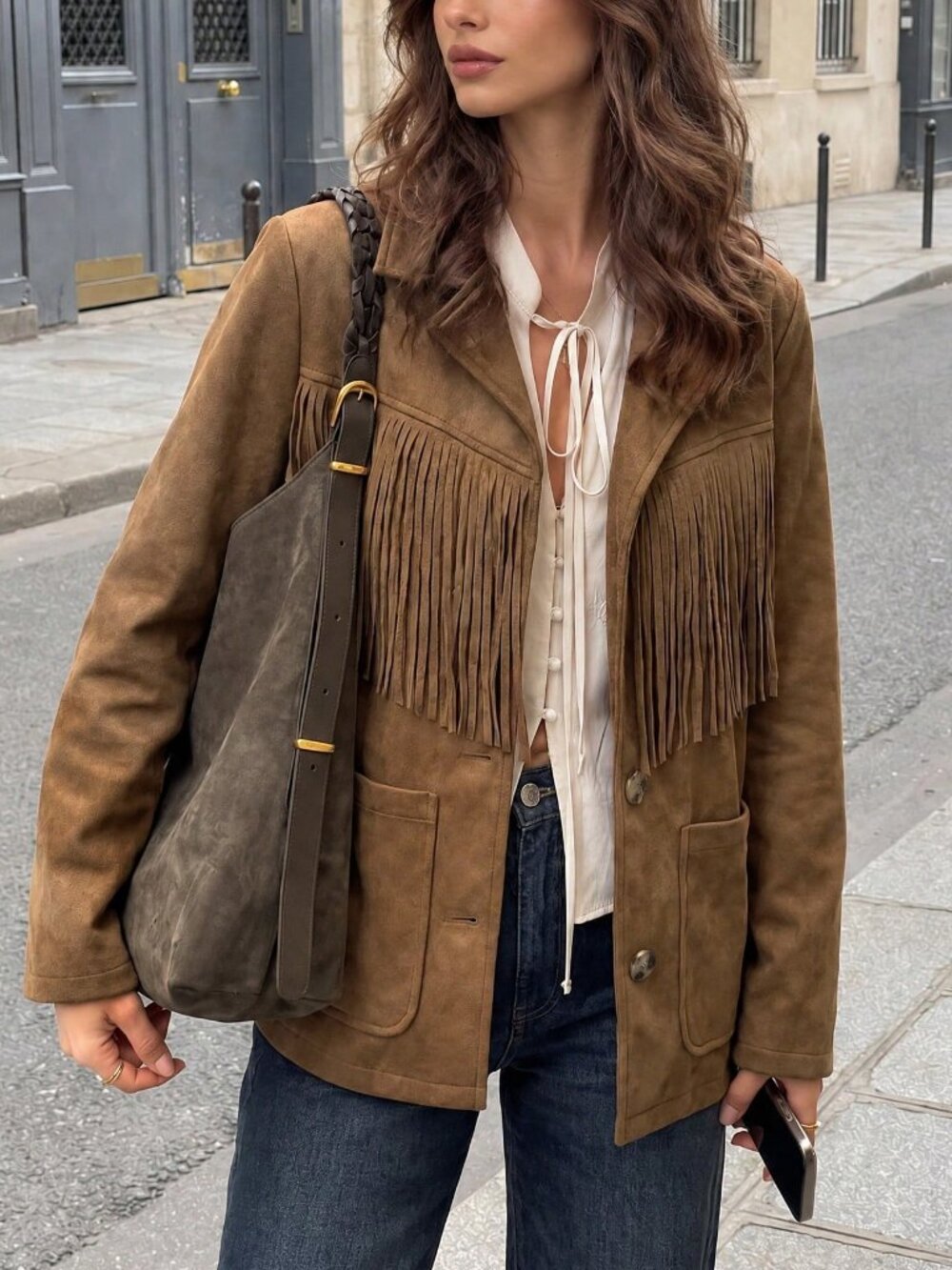 Coffee Brown Bohemian Women's Loose Maillard Tassel Thin Jacket - Picture 7 of 11